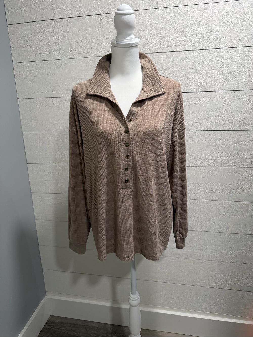 Relaxed Waffle Knit Henley Top - Taupe